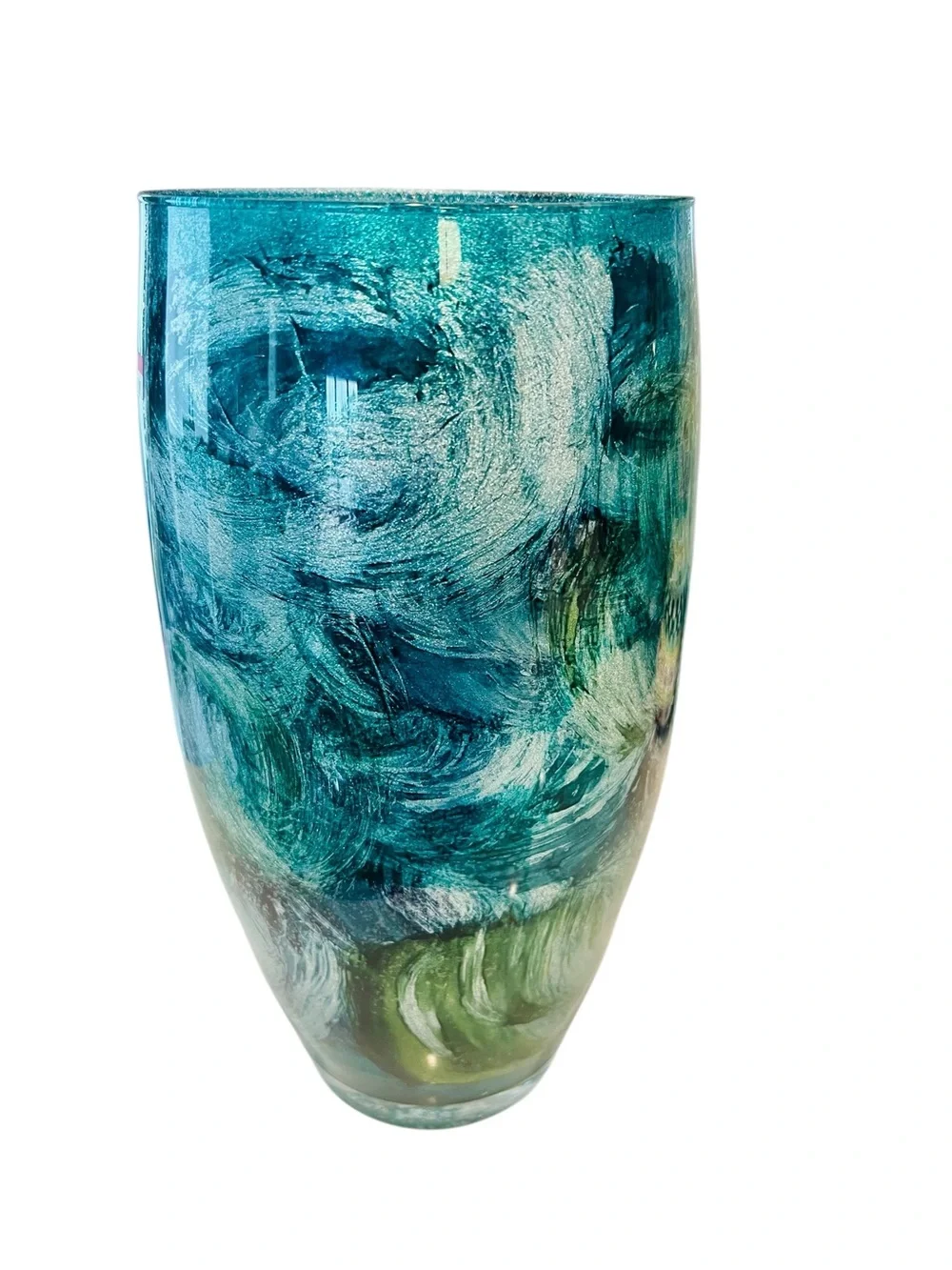 Hand Blown Italian Art Glass Vase Teal Silver Swirl 14” Tall Murano Style